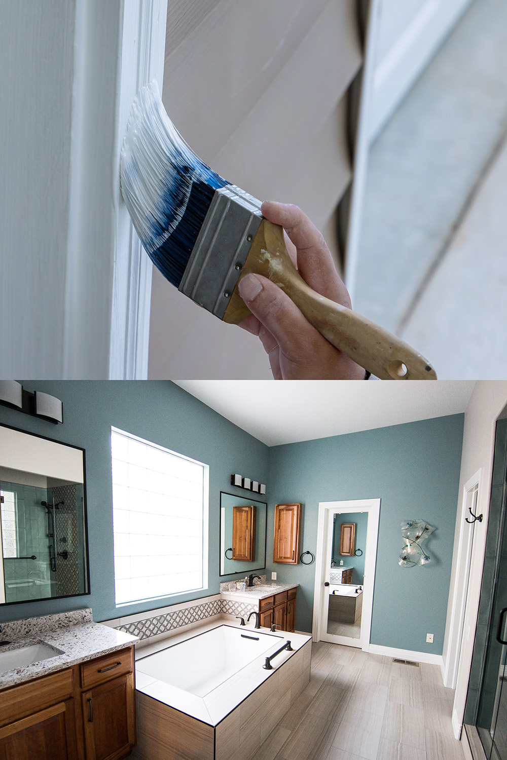 Brushing on exterior trim paint, followed by a beautifully painted bathroom.