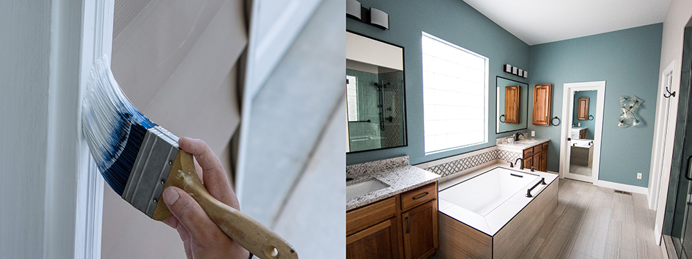 Brushing on exterior trim paint, followed by a beautifully painted bathroom.